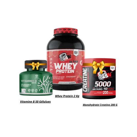 Concentrate Whey Protein 2 Kg + Monohydrate Creatine 200 G + Vitamine B Complex 50 Gélules american wolf