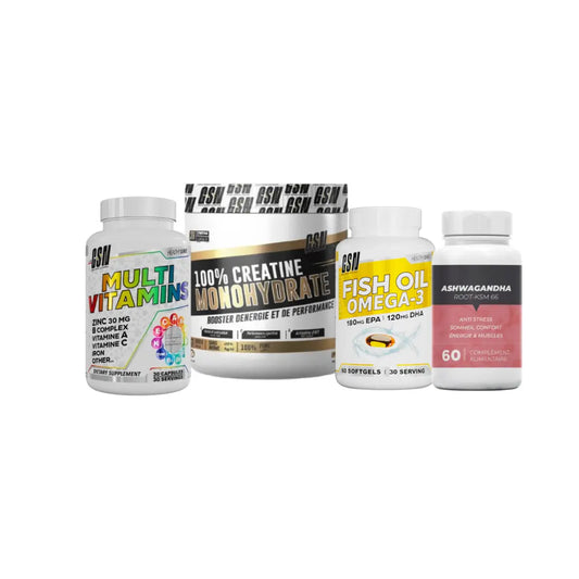 Creatine Monohydrate 200 G Gsn Tunisie + Ashwagandha Root Ksm 66 - 60 Capsules + Multivitamine Gsn + Omega 3 Gsn GSN