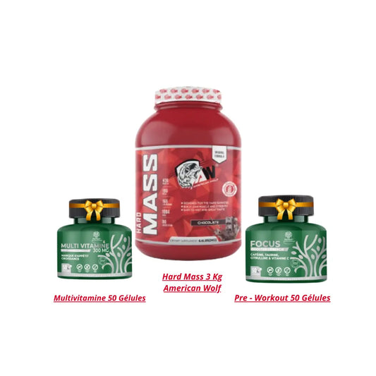 Hard Mass 3 Kg + Multivitamine 50 Gélules + Pre - Workout 50 Gélules american wolf