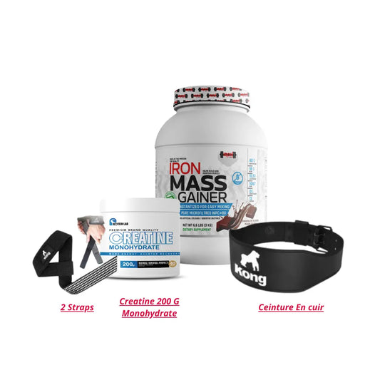 Iron Mass Gainer 3 Kg + Monohydrate Creatine 200 G + Ceinture En Cuir + Straps iron lab