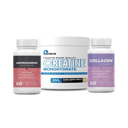 Monohydrate Creatine 200 G + Ashwagandha 60 Capsules + Collagen 60 Capsules iron lab