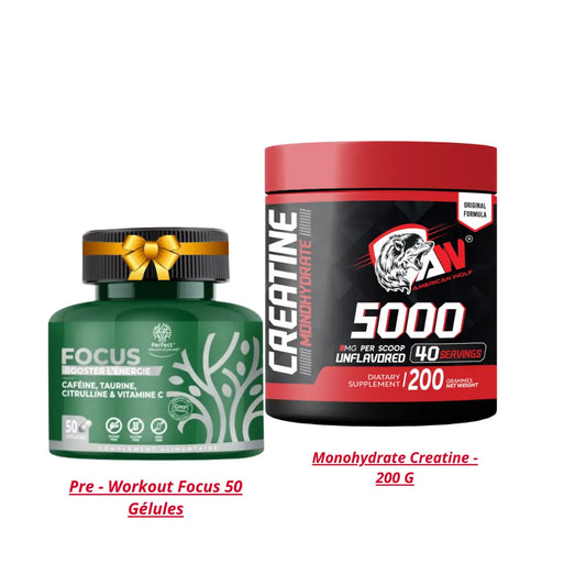 Monohydrate Creatine 200 G + Pre-Workout 50 Gélules american wolf