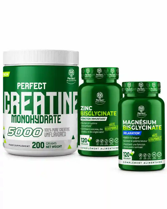 PACK Creatine Monohydrate 200 G  Perfect + Zinc Bisglycinate 120 Caps + Magnesium Bisglycinate 120 Caps Perfect Nutrition Labs