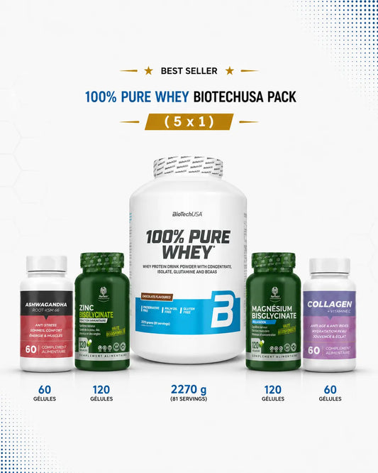 Pack BioTechUSA 100% Pure Whey + Ashwagandha + Zinc + Magnésium + Collagène BiotechUSA