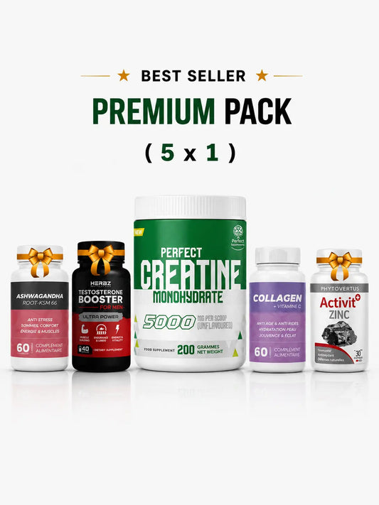 Premium Pack 5 en 1 – Créatine Monohydrate 200 g + Ashwagandha + Testo Booster + Collagène + Zinc Perfect Nutrition