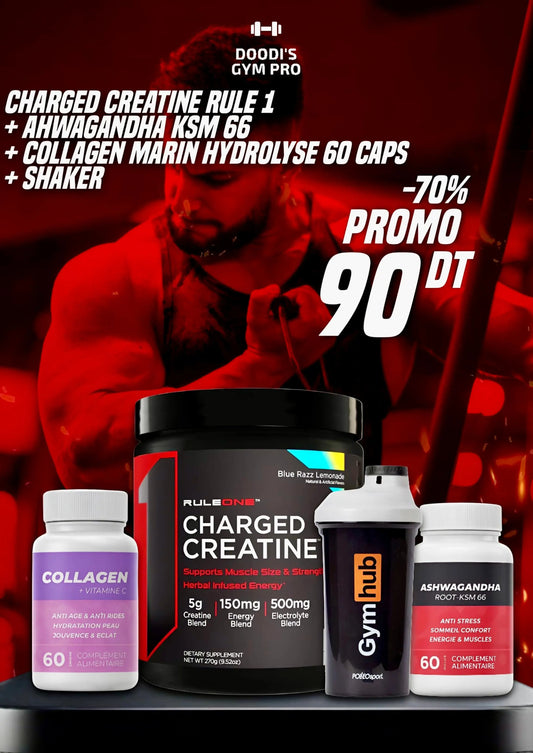 Rule 1 Charged Creatine Tunisie + Ashwagandha Ksm 66 + Collagen Marin Hydrolysé + Shaker 700 Ml
