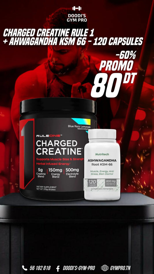 Tunisie Rule 1 Pack Charged Creatine 30 Jours + Ashwagandha Ksm 66 120 Capsules