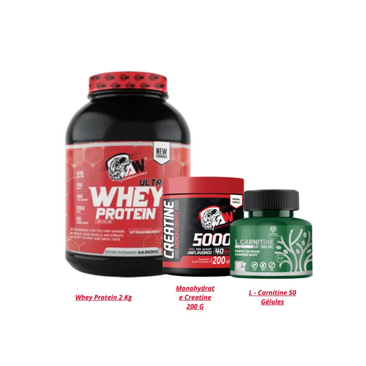 Whey Protein 2 Kg + Monohydrate Creatine 200 G + L - Carnitine 50 Gélules american wolf