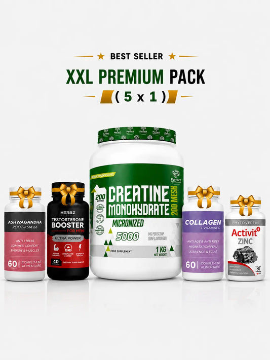 XXL Premium Pack (5 en 1) – Créatine Monohydrate 1 kg + Ashwagandha + Testo Booster + Collagène + Zinc Perfect Nutrition
