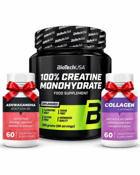 BioTechUSA Creatine Monohydrate 300 g avec Ashwagandha KSM-66 et Collagen Vitamin C