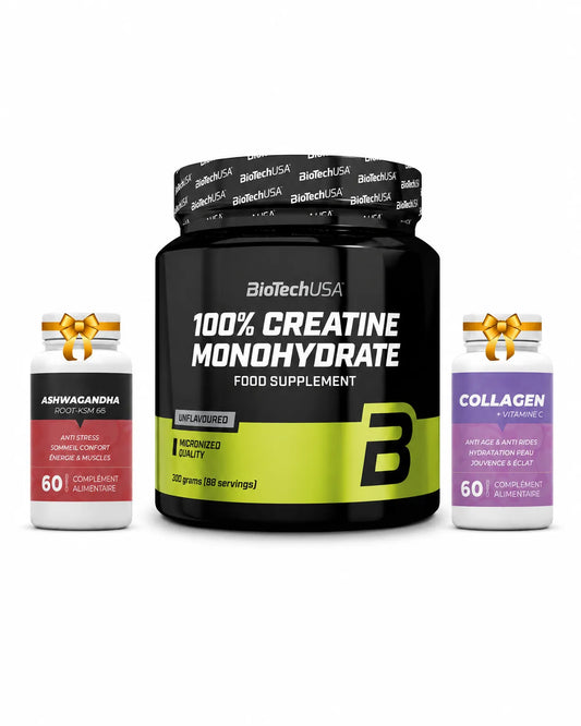 BiotechUSA 100% Creatine Monohydrate 300g avec Ashwagandha Root KSM-66 et Collagen Vitamine C offerts