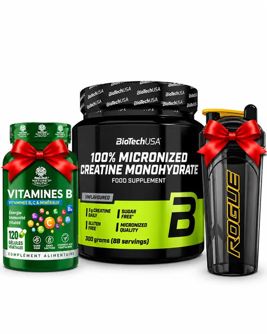 BioTechUSA Creatine Monohydrate 300 g avec Vitamines B 120 gélules et Shaker Rogue