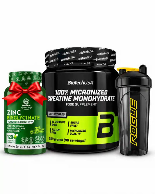 BioTechUSA Creatine Monohydrate 300 g avec Zinc Bisglycinate et Shaker Rogue