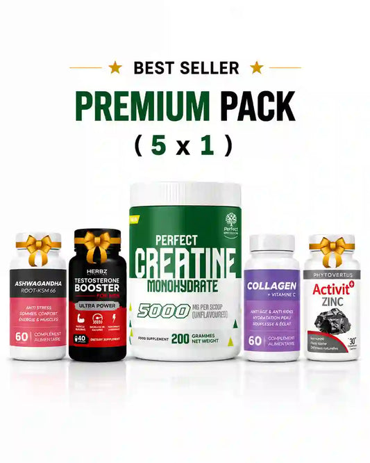 Creatine + Testo Booster Pack 5 en 1 Perfect Nutrition avec Ashwagandha Collagène et Zinc