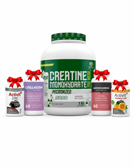 Creatine 1 Kg  perfect +vit c 30 cap +zinc 30 cap +ashwngha herbz 60cap +collgen herbz 60 cap Tunisie