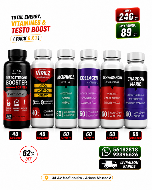 Total Energy , Virilz 40 capsules+ Testo boost HERBZ 40 CAP +Ashwagandha 60 capsules+Collagène marin hydrolysé 60 capsules+Chardon-Marie 60 capsules +Moringa Oléifera 60 capsules