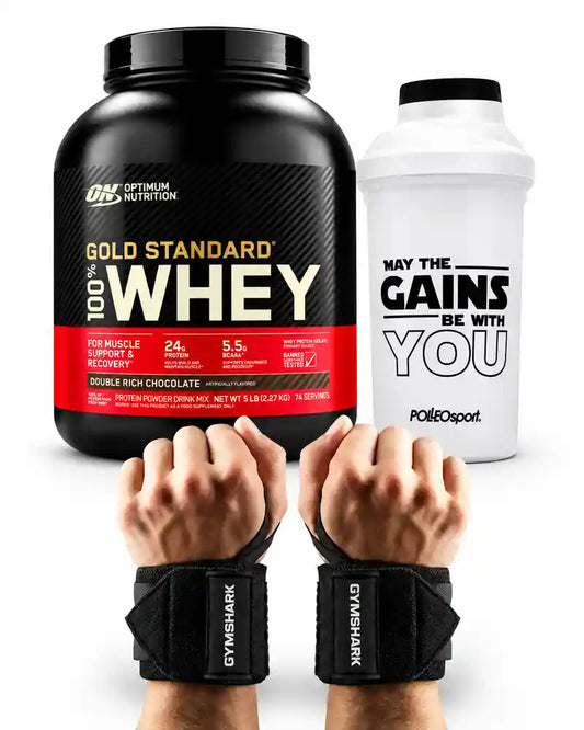 Gold Standard Whey 2,27 kg avec shaker et straps de musculation Gymshark en Tunisie