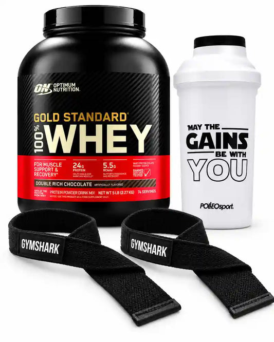 Pack Gold Standard Whey 2,27 kg avec shaker et straps de musculation en Tunisie