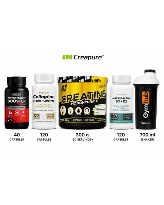 GSN Creatine Monohydrate Creapure 300g avec Herbz Testo Booster, Nutritech Collagène Marin, Nutritech Max Bioactive D3+K2 et Shaker Gymhub offerts