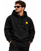 Hoodie noir à capuche avec petite broderie florale jaune sur la poitrine