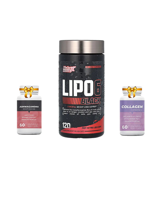 Nutrex Lipo-6 Black 120 liqui-caps avec Ashwagandha Root KSM-66 et Collagen Vitamine C offerts