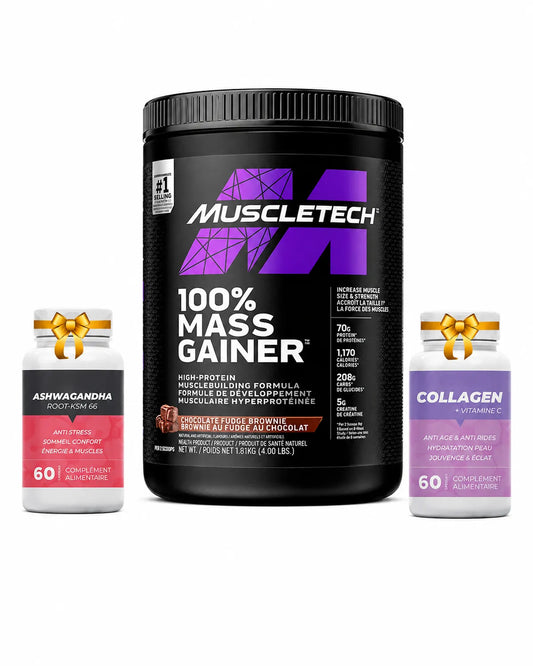 MuscleTech 100% Mass Gainer Chocolate Fudge Brownie 1.81kg avec Ashwagandha Root KSM-66 et Collagen Vitamine C offerts