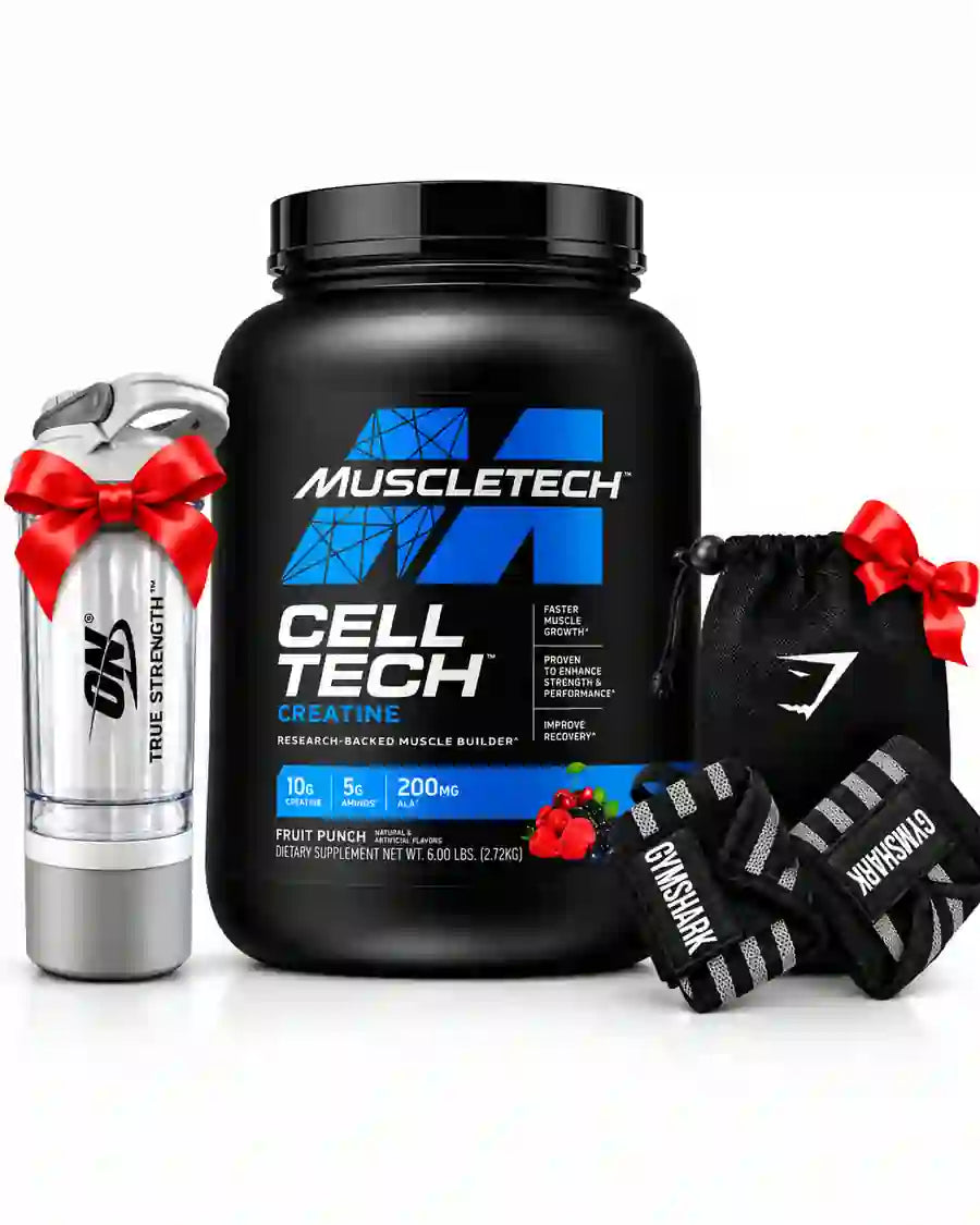 Pack MuscleTech Cell-Tech 2,72 kg + Shaker + Wrist Wraps – gymproprotein
