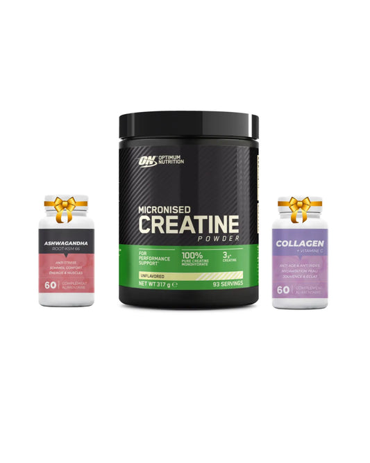 Optimum Nutrition Micronised Creatine Powder 317g avec Ashwagandha Root KSM-66 et Collagen Vitamine C offerts