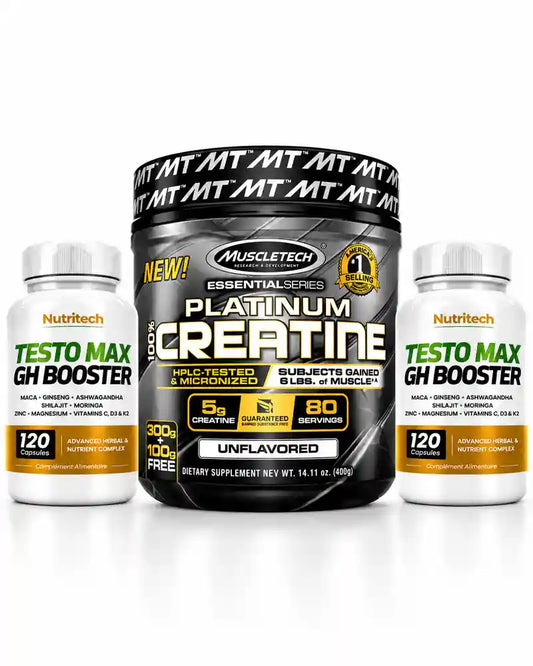 Pack de 2 Nutritech Testo Max GH Booster avec MuscleTech Platinum Creatine 400g