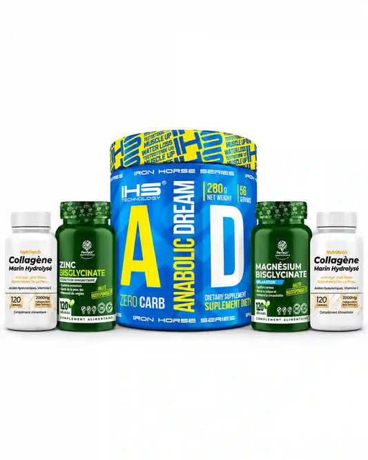 Pack Iron Horse Series Anabolic Dream 280g avec Zinc Bisglycinate, Magnésium Bisglycinate et 2 flacons de Collagène Marin Hydrolysé Nutritech