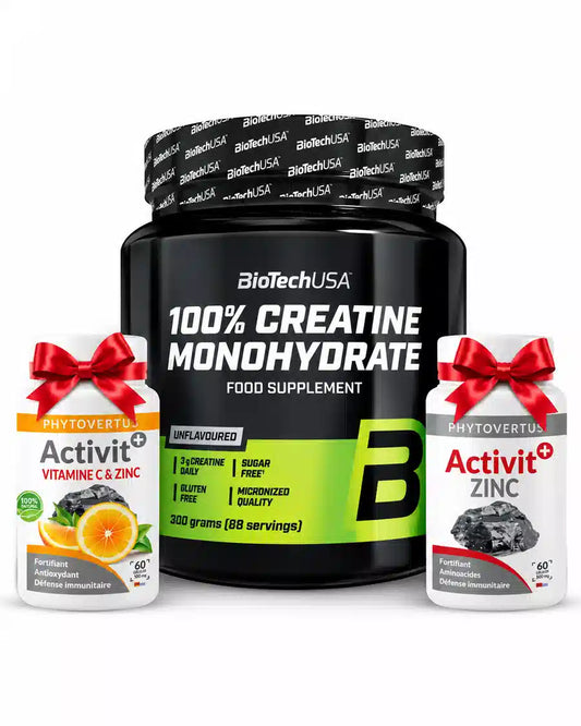 Pack BioTechUSA Creatine Monohydrate 300 g avec Activit Vitamine C Zinc et Activit Zinc