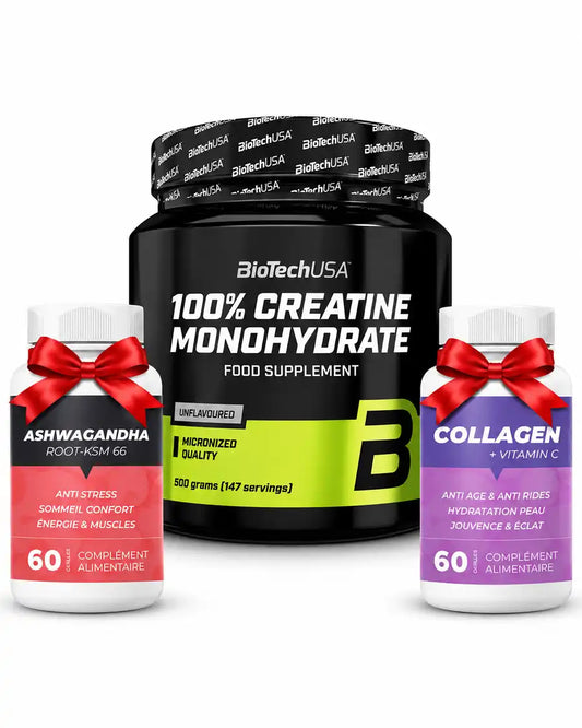 Pack BioTechUSA Creatine Monohydrate 500 g avec Ashwagandha et Collagène Vitamine C