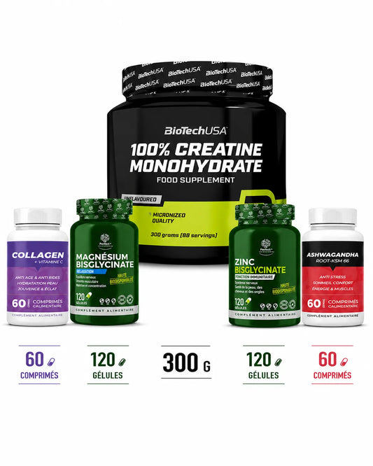 Pack BiotechUSA 100% Creatine Monohydrate 300g avec Collagen Vitamine C, Magnésium Bisglycinate, Zinc Bisglycinate et Ashwagandha Root KSM-66