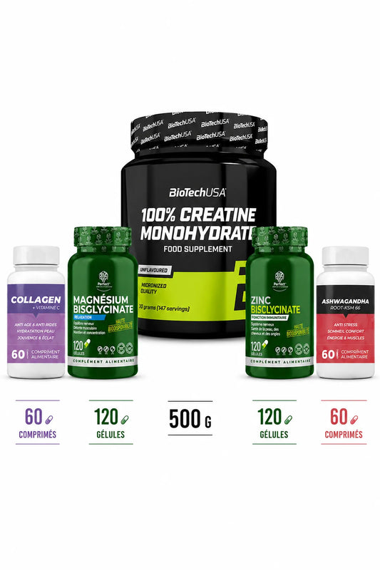 Pack BiotechUSA 100% Creatine Monohydrate 500g avec Collagen Vitamine C, Magnésium Bisglycinate, Zinc Bisglycinate et Ashwagandha Root KSM-66