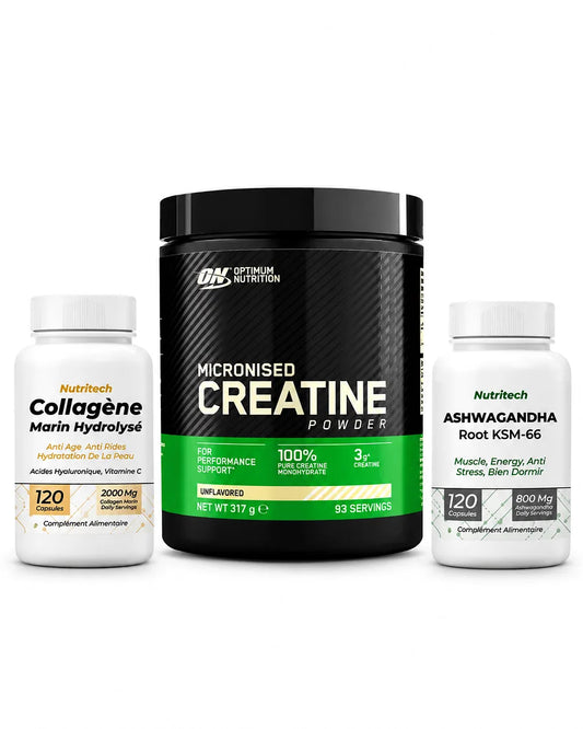 Pack Créatine Optimum Nutrition 317 g avec Collagène Marin Hydrolysé et Ashwagandha KSM-66 en Tunisie