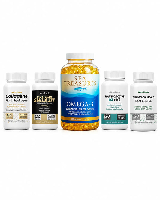 Pack Nutritech Collagène Marin Hydrolysé, Himalayan Shilajit, Max Bioactive D3+K2, Ashwagandha Root KSM-66 avec Sea Treasures Omega-3
