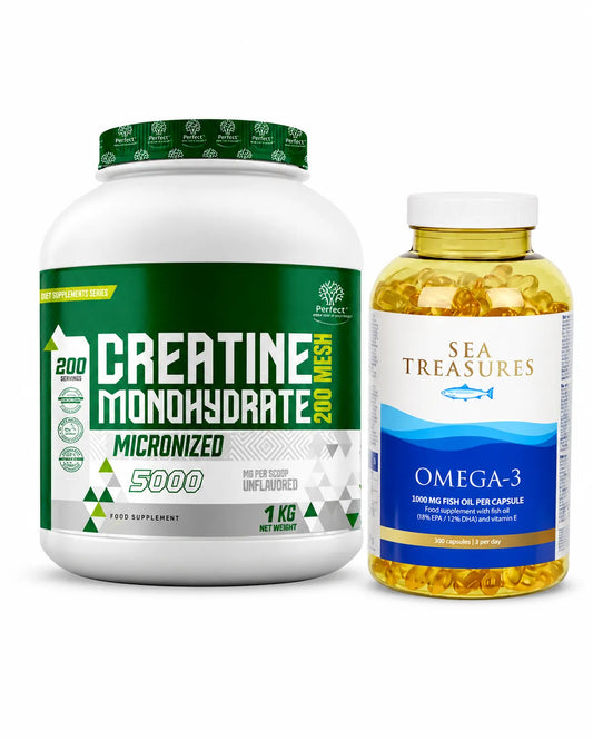 Perfect Creatine Monohydrate Micronized 200 Mesh 1kg avec Sea Treasures Omega-3 300 capsules 1000mg