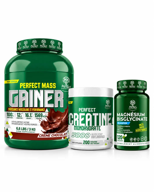 Pack Perfect Mass Gainer 3 kg Crème Chocolat avec Créatine Monohydrate Perfect 200 g et Magnésium Bisglycinate 120 gélules