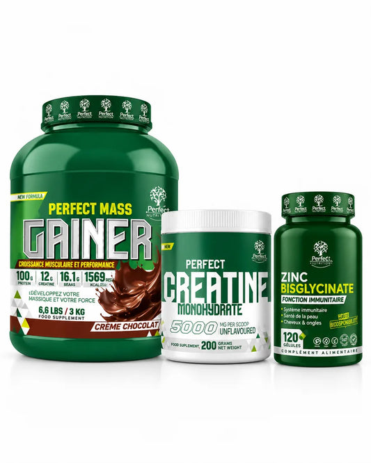 Pack Perfect Mass Gainer 3 kg Crème Chocolat avec Créatine Monohydrate Perfect 200 g et Zinc Bisglycinate Perfect 120 gélules