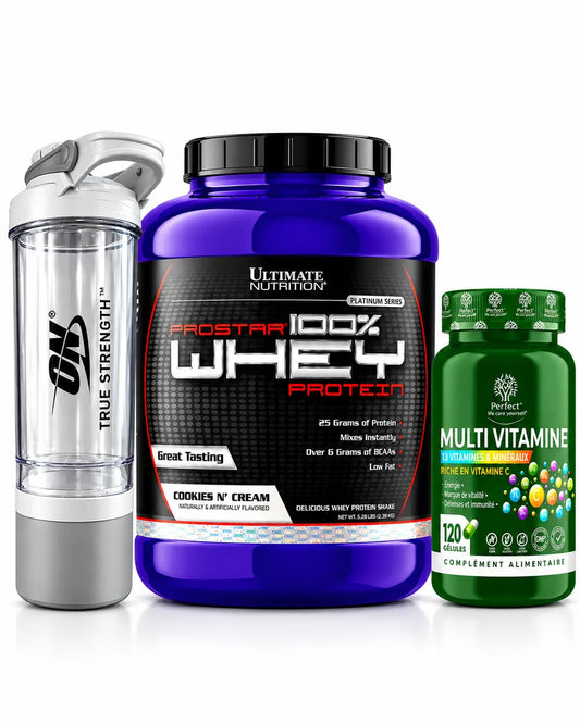 Pack Ultimate Nutrition Prostar Whey 2,39 kg avec multivitamines Perfect Nutrition et shaker