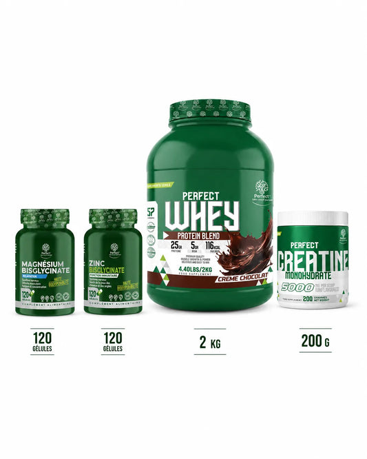 Pack Perfect Nutrition Whey Protein Blend Crème Chocolat 2kg, Créatine Monohydrate 200g, Magnésium Bisglycinate et Zinc Bisglycinate 120 gélules