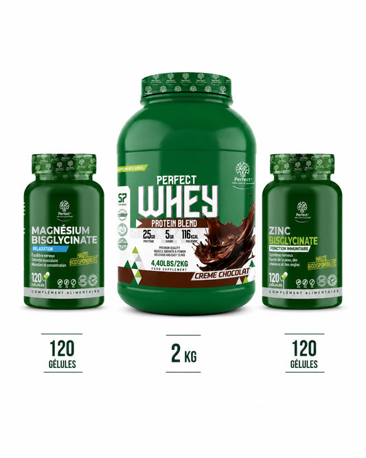 Pack Perfect Whey Protein Blend Crème Chocolat 2kg avec Magnésium Bisglycinate et Zinc Bisglycinate 120 gélules