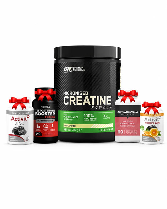 Pack Optimum Nutrition Creatine 317 G +Testo Booster – 40 Capsules OFFERT +Ashwagandha Root KSM-66 – 120 Capsules OFFERT+ Zinc – 30 Capsules OFFERT +Vitamine C – 30 Capsules OFFERT