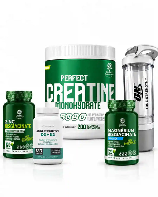 Pack Créatine Perfect 200 g + D3 K2 + Zinc + Magnésium + Shaker