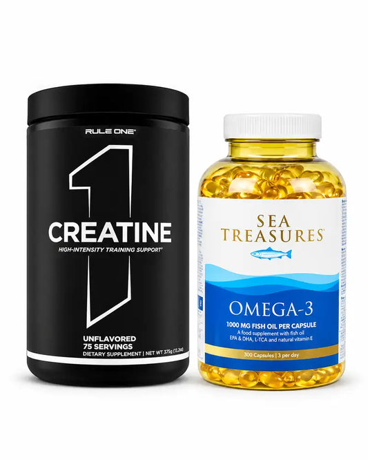 Rule 1 Creatine 390g High-Intensity Training Support avec Sea Treasures Omega-3 300 capsules 1000mg
