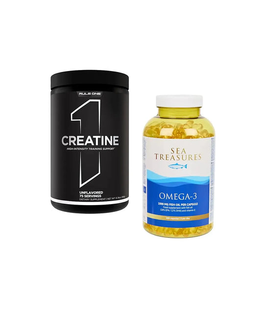 Rule 1 Creatine 390g High-Intensity Training Support avec Sea Treasures Omega-3 300 capsules 1000mg