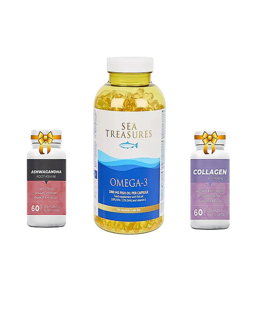 Sea Treasures Omega-3 300 capsules 1000mg avec Ashwagandha Root KSM-66 et Collagen Vitamine C offerts