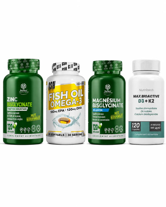 Vitamines Pack Tunisie avec Zinc Bisglycinate, GSN Fish Oil Omega-3, Magnésium Bisglycinate et Nutritech Max Bioactive D3+K2